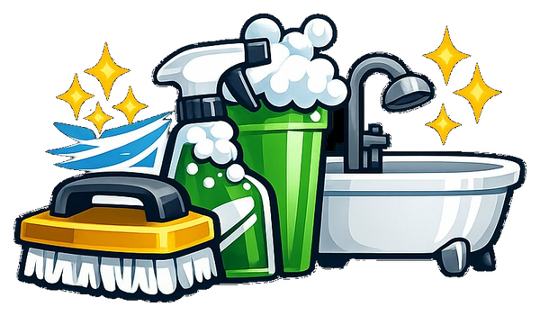 Deep cleaning illustration with scrub brush, spray bottle, and bathtub