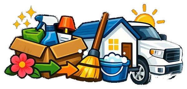 Move-in/move-out illustration with boxes, house, and truck