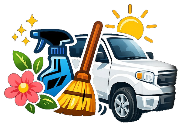 Spring cleaning illustration with broom, spray bottle, flowers, and truck